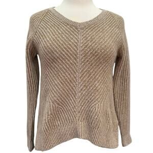 Anthropologie Moth 100% Cashmere Sweater V-Neck Beige Soft Knit XL Side Slits